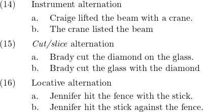 \setcounter{ExNo}{13}  \ex. Instrument alternation \a. Craige lifted the beam with a crane. \b. The crane listed the beam  \ex. \textit{Cut/slice} alternation \a. Brady cut the diamond on the glass. \b. Brady cut the glass with the diamond  \ex. Locative alternation \a. Jennifer hit the fence with the stick. \b. Jennifer hit the stick against the fence.