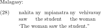 \setcounter{ExNo}{27} Malagasy: \exg. nahita ny mpianatra ny vehivavay\\ saw the student the woman\\ \trans `The woman saw the student.''