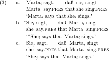 \setcounter{ExNo}{2}  \ex. \ag. Marta$_i$ sagt, da{\ss} sie$_i$ singt\\ Marta say.\textsc{pres} that she sing.\textsc{pres}\\ \trans `Marta$_i$ says that she$_i$ sings.' \bg. *Sie$_i$ sagt, da{\ss} Marta$_i$ singt\\ she say.\textsc{pres} that Marta sing.\textsc{pres}\\ \trans `*She$_i$ says that Marta$_i$ sings.' \cg. Sie$_j$ sagt, da{\ss} Marta$_i$ singt\\ she say.\textsc{pres} that Marta sing.\textsc{pres}\\ \trans `She$_j$ says that Marta$_i$ sings.'