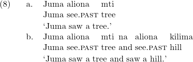 \setcounter{ExNo}{7}  \ex. \ag. Juma aliona mti\\ Juma see.\textsc{past} tree\\ \trans `Juma saw a tree.' \bg. Juma aliona mti na aliona kilima\\ Juma see.\textsc{past} tree and see.\textsc{past} hill\\ \trans `Juma saw a tree and saw a hill.'