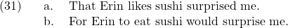 \setcounter{ExNo}{30}  \ex. \a. That Erin likes sushi surprised me. \b. For Erin to eat sushi would surprise me.