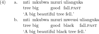 \setcounter{ExNo}{3}  \ex. \ag. mti mkubwa mzuri ulianguka\\ tree big good fall.\textsc{past}\\ \trans `A big beautiful tree fell.' \bg. mti mkubwa mzuri mweusi ulianguka\\ tree big good black fall.\textsc{past}\\ \trans `A big beautiful black tree fell.'