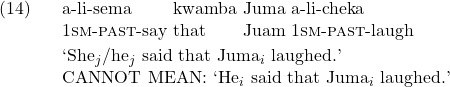 \setcounter{ExNo}{13}  \exg. a-li-sema kwamba Juma a-li-cheka\\ 1\textsc{sm}-\textsc{past}-say that Juam 1\textsc{sm}-\textsc{past}-laugh\\ \trans `She$_j$/he$_j$ said that Juma$_i$ laughed.'\\ CANNOT MEAN: `He$_i$ said that Juma$_i$ laughed.'