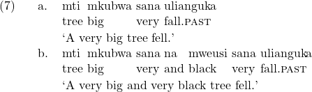 \setcounter{ExNo}{6}  \ex. \ag. mti mkubwa sana ulianguka\\ tree big very fall.\textsc{past}\\ \trans `A very big tree fell.' \bg. mti mkubwa sana na mweusi sana ulianguka\\ tree big very and black very fall.\textsc{past}\\ \trans `A very big and very black tree fell.'