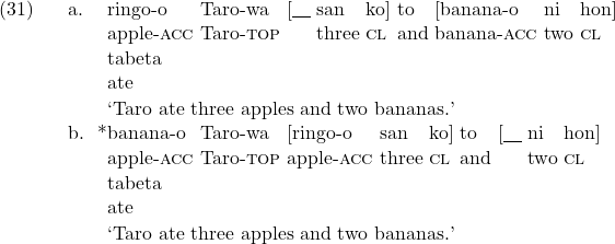 \setcounter{ExNo}{30}  \ex. \ag. ringo-o Taro-wa [{\underline{\hspace{10pt}}} san ko] to [banana-o ni hon] tabeta\\ apple-\textsc{acc} Taro-\textsc{top} {} three \textsc{cl} and banana-\textsc{acc} two \textsc{cl} ate\\ \trans `Taro ate three apples and two bananas.' \bg. *banana-o Taro-wa [ringo-o san ko] to [{\underline{\hspace{10pt}}} ni hon] tabeta\\ apple-\textsc{acc} Taro-\textsc{top} apple-\textsc{acc} three \textsc{cl} and {} two \textsc{cl} ate\\ \trans `Taro ate three apples and two bananas.'