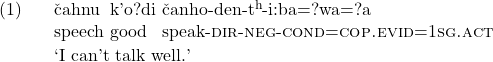 \exg. \v{c}ahnu k'o\textipa{?}di \v{c}anho-den-t\textsuperscript{h}-i:ba=\textipa{?}wa=\textipa{?}a\\ speech good speak-\textsc{dir}-\textsc{neg}-\textsc{cond}=\textsc{cop.evid}=1\textsc{sg.act}\\ \trans `I can't talk well.'