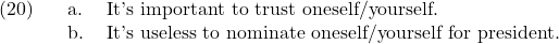 \setcounter{ExNo}{19}  \ex. \a. It's important to trust oneself/yourself. \b. It's useless to nominate oneself/yourself for president.