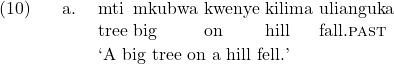 \setcounter{ExNo}{9}  \ex. \ag. mti mkubwa kwenye kilima ulianguka\\ tree big on hill fall.\textsc{past}\\ \trans `A big tree on a hill fell.'