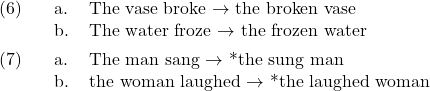 \setcounter{ExNo}{5}  \ex. \a. The vase broke $\rightarrow$ the broken vase \b. The water froze $\rightarrow$ the frozen water  \ex. \a. The man sang $\rightarrow$ *the sung man \b. the woman laughed $\rightarrow$ *the laughed woman