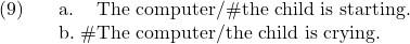 \setcounter{ExNo}{8}  \ex. \a. The computer/\#the child is starting. \b. \#The computer/the child is crying.