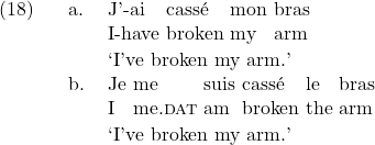 \setcounter{ExNo}{17}  \ex. \ag. J'-ai cass\'e mon bras\\ I-have broken my arm\\ \trans `I've broken my arm.' \bg. Je me suis cass\'e le bras\\ I me.\textsc{dat} am broken the arm\\ \trans `I've broken my arm.'