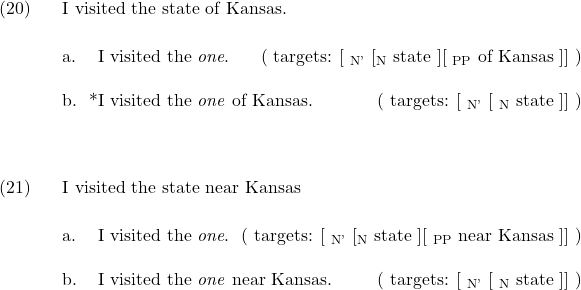 \setcounter{ExNo}{19}  \ex.  I visited the state of Kansas. \\ \a. I visited the \textit{one}.  \hfill ( targets: [  \textsubscript{N'} [\textsubscript{N} state ][ \textsubscript{PP} of Kansas ]] ) \\\b. *I visited the \textit{one} of Kansas. \hfill ( targets: [ \textsubscript{N'}  [ \textsubscript{N} state ]] )\\  \vspace{3mm}  \ex.  I visited the state near Kansas\\ \a. I visited the \textit{one}.  \hfill ( targets: [  \textsubscript{N'} [\textsubscript{N} state ][ \textsubscript{PP} near Kansas ]] )\\\b. I visited the \textit{one} near Kansas.   \hfill ( targets: [ \textsubscript{N'}  [ \textsubscript{N} state ]] )\\