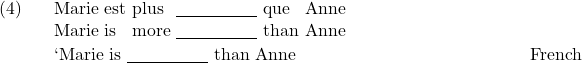 \setcounter{ExNo}{3}  \exg. Marie est plus {\underline{\hspace{50pt}}} que Anne\\ Marie is more {\underline{\hspace{50pt}}} than Anne\\ \trans `Marie is {\underline{\hspace{50pt}}} than Anne \hfill French