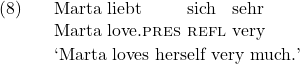\setcounter{ExNo}{7}  \exg. Marta liebt sich sehr\\ Marta love.\textsc{pres} \textsc{refl} very\\ \trans `Marta loves herself very much.'