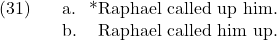 \setcounter{ExNo}{30}  \ex. \a. *Raphael called up him. \b. Raphael called him up.