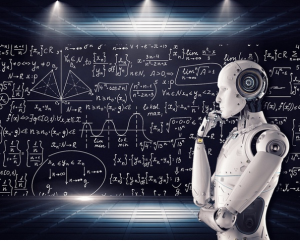 Image of a robot thinking with coding in the background.