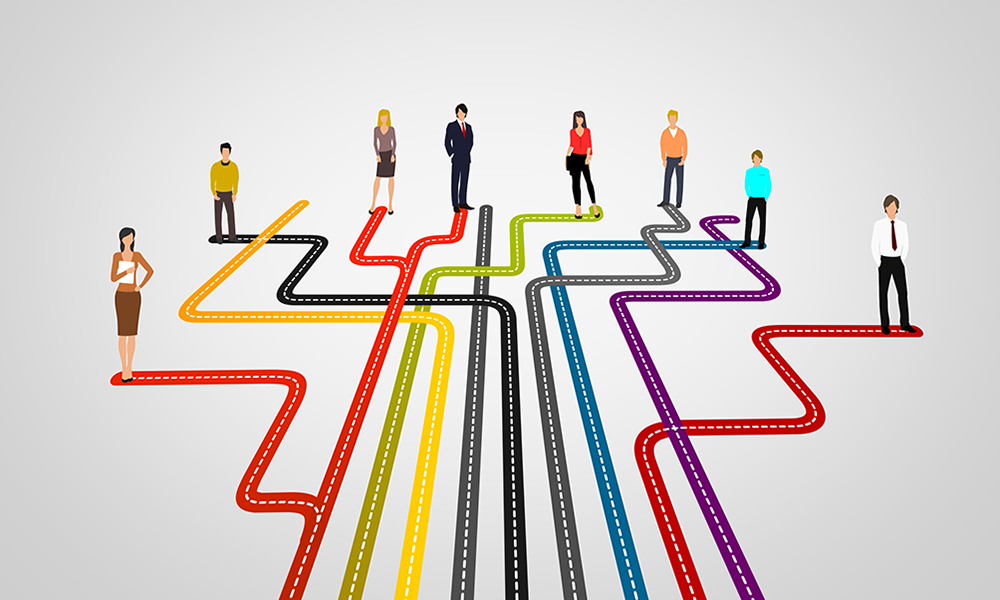 image depicting career paths as colored lines with people standing at the end of the line
