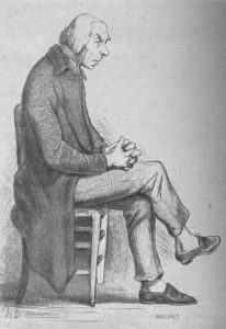 Une gravure du Père Goriot, une homme un peu âgé, assis sur une chaise aux cheveux blanc et un visage un peu sévère