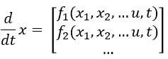 the derivative of x with respect to t equals multiple functions with input arguments such as x1, x2, u and t