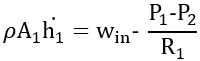 rho times A one times h one dot equals w in minus the quantity P one minus P two over R one