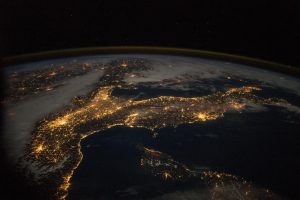 Earth observation taken during a night pass by the Expedition 43 crew aboard the International Space Station (ISS). Folder lists this as time lapse From Gibraltar NE-bound.