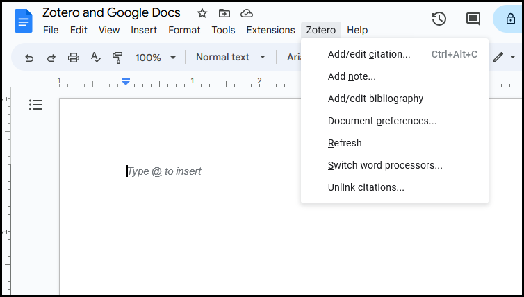 This image shows the Zotero-Google Docs interface