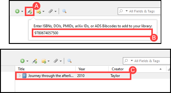 The image depicts the use of the "Add Items by Identifier" tool