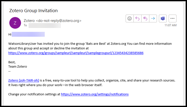 This image illustrates what a Zotero email invitation looks like.