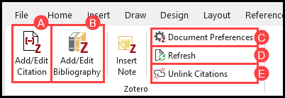 This image depicts the contents of the Zotero tab in Word