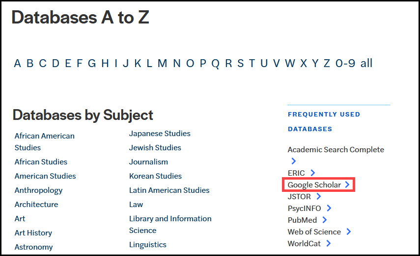 This image depicts where the "Google Scholar" link is on the Databases A to Z page.
