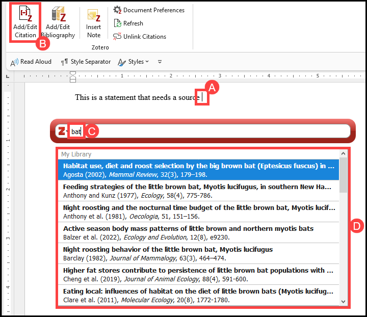 This image depicts how to add a citation into Word using Zotero