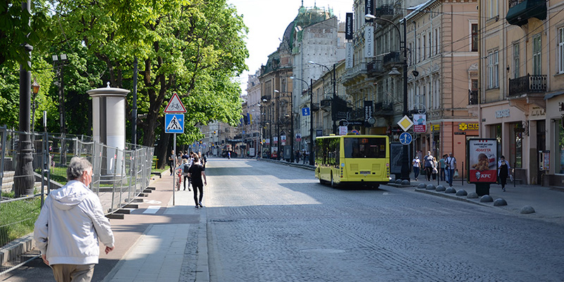 view of a street with a streetcar