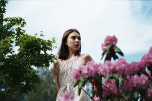 woman with pink flowers