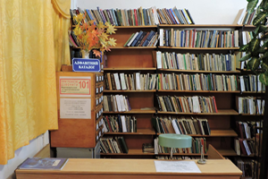 shelves of books behind a library desk