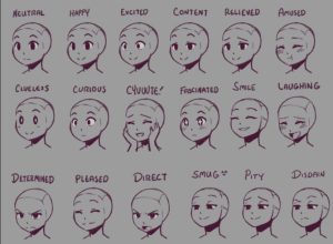 Sketch drawings of eighteen somewhat androgynous faces labeled with nuanced emotions such as smug and determined.