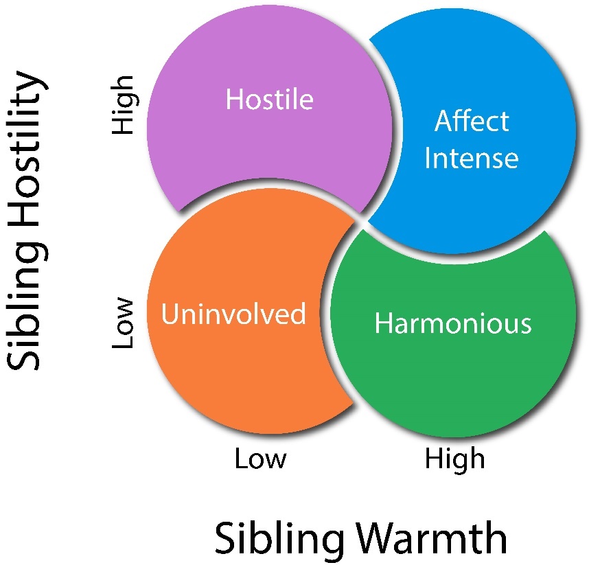 2x2 matrix sibling hostility vs sibling warmth. High sibling hostility and high sibling warmth is Affect intense. High sibling hostility and low sibling warmth is hostile, low sibling hostility and low sibling warmth is uninvolved, and low sibling hostility and low sibling warmth is harmonious. 