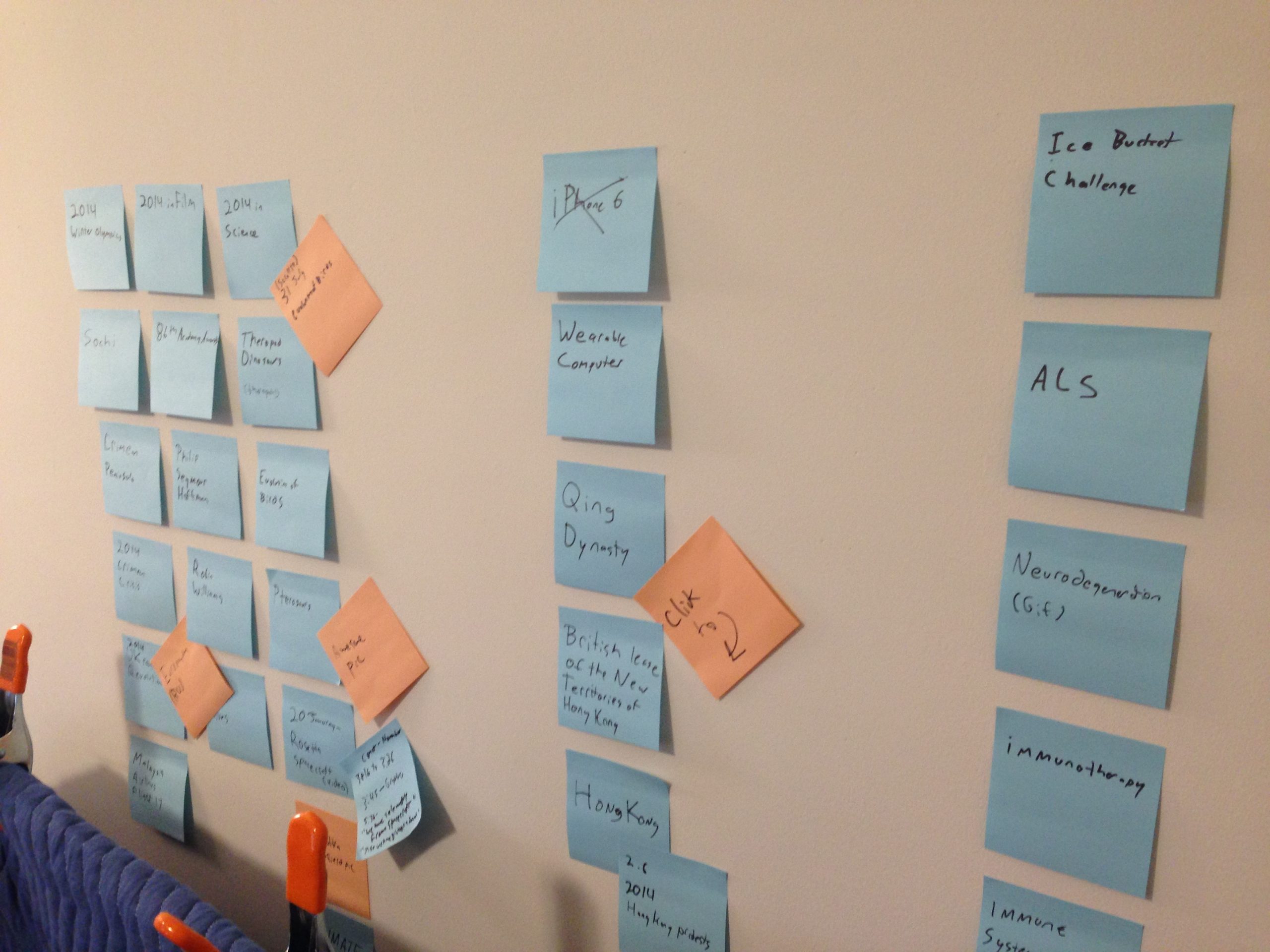 Blue and orange post-it notes are stuck to the wall for brainstorming and visually grouping ideas