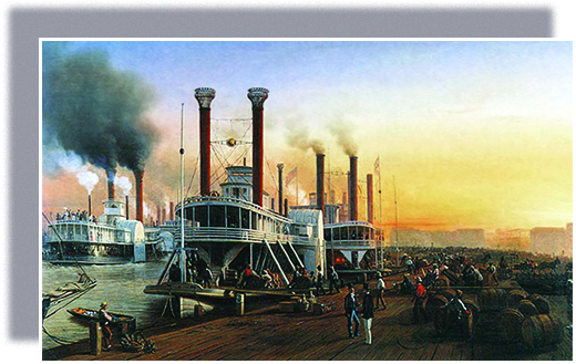 A painting depicts several large steamboats docked at New Orleans. Businessmen chat while enslaved laborers and dock workers load and unload large barrels of cargo.