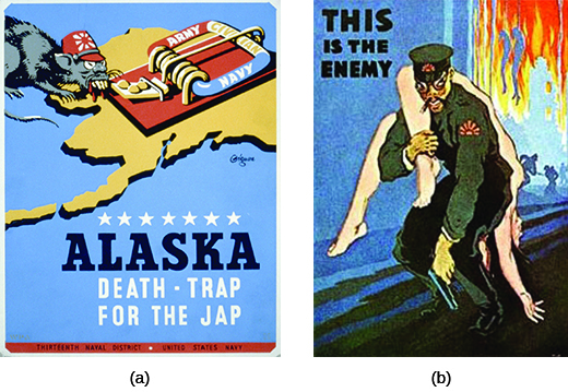 Poster (a) depicts a mouse, heavily caricatured to appear Japanese, crawling toward a mousetrap that sits atop a land mass shaped like Alaska. The trap is labeled “Army / Civilian / Navy,” and the text beneath reads “Alaska / Death-Trap for the Jap.” Poster (b) depicts a heavily caricatured Japanese military official with a nude White woman thrown helplessly over one shoulder; a massive fire rages in the background, where hanging bodies are also visible. The text reads “This is the Enemy.”