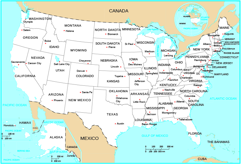 A map shows the 48 contiguous states of the U.S., with Alaska and Hawaii shown in insets. The main map shows the Atlantic Ocean, Pacific Ocean, and Gulf of Mexico. The great lakes are labeled: Lake Superior, Lake Michigan, Lake Huron, Lake Erie, and Lake Ontario. Canada, Mexico, Cuba, and The Bahamas are shown. These 48 contiguous states and their capitals are labeled: Alabama (Montgomery), Arizona (Phoenix), Arkansas (Little Rock), California (Sacramento), Colorado (Denver), Connecticut (Hartford), Delaware (Dover), Florida (Tallahassee), Georgia (Atlanta), Idaho (Boise), Illinois (Springfield), Indiana (Indianapolis), Iowa (Des Moines), Kansas (Topeka), Kentucky (Frankfort), Louisiana (Baton Rouge), Maine (Augusta), Maryland (Annapolis), Massachusetts (Boston), Michigan (Lansing), Minnesota (St. Paul), Mississippi (Jackson), Missouri (Jefferson City), Montana (Helena), Nebraska (Lincoln), Nevada (Carson City), New Hampshire (Concord), New Jersey (Trenton), New Mexico (Santa Fe), New York (Albany), North Carolina (Raleigh), North Dakota (Bismarck), Ohio (Columbus), Oklahoma (Oklahoma City), Oregon (Salem), Pennsylvania (Harrisburg), Rhode Island (Providence), South Carolina (Columbia), South Dakota (Pierre), Tennessee (Nashville), Texas (Austin), Utah (Salt Lake City), Vermont (Montpelier), Virginia (Richmond), Washington (Olympia), West Virginia (Charleston), Wisconsin (Madison), Wyoming (Cheyenne). Washington DC is shown. An inset shows the position of the U.S. mainland, Alaska, and Hawaii in relation to the north pole, Eurasia, and South America. An inset shows Hawaii (Honolulu) in the Pacific Ocean. An inset shows Alaska (Juneau) surrounded by the Arctic Ocean, Gulf of Alaska, Bering Sea, and Pacific Ocean.