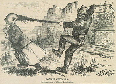 An illustration captioned “Pacific Chivalry. Encouragement to Chinese Immigration” depicts a White man, whose hat is labeled “California,” preparing to whip a Chinese man; he holds the man by his queue as the man attempts to flee, his characteristic hat having fallen beside him. Beside the railroad tracks running past the pair, a sign reads “Courts of Justice Closed to Chinese. Extra Taxes to ‘Yellow Jack.’” The Pacific landscape is visible in the background.