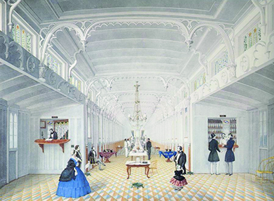 An illustration depicts a large, luxurious room on the interior of a steamship. The ceilings are adorned with ornate molding and a chandelier, and the floor is covered with colorful carpet. Several well-dressed men, as well as a woman and a child, stroll about. Two men procure drinks from a bartender, and a formal dining table staffed by servants is visible in the distance.