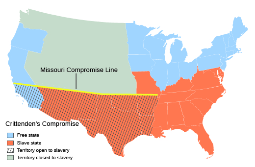 A map shows the Missouri Compromise line, as well as those states and regions below the Missouri Compromise line that would be affected by Crittenden’s Compromise.