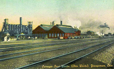 An illustration shows the Carnegie Steel Works factory. The text reads “Carnegie Steel Works, (Ohio Works), Youngstown, Ohio.”