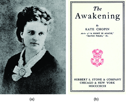 Photograph (a) is a portrait of Kate Chopin. Photograph (b) shows the cover of The Awakening.