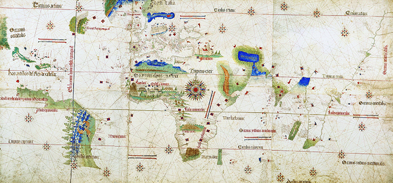 A 1502 map depicts the cartographer’s interpretation of the world. The map shows areas of Portuguese and Spanish exploration, the two nations’ claims under the Treaty of Tordesillas, and a variety of flora, fauna, figures, and structures.