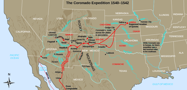 A map shows Coronado’s path through the American Southwest and the Great Plains. Notes indicate the “supposed location of Quivira” as well as that “Coronado’s route across the plains is speculative” and “While Coronado was in Kansas, de Soto’s expedition was a few hundred miles to the southeast.”