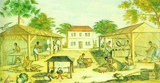 This is a 1670 painting showing bare-chested, barefoot Black men in knee-length pants, doing various tasks associated with tobacco drying. Some stand in sheds hanging the leaves up to dry.