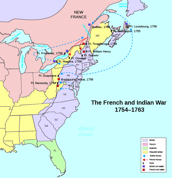 A schematic map depicts the events of the French and Indian War, including troop movements, important battles, and French and British forts.