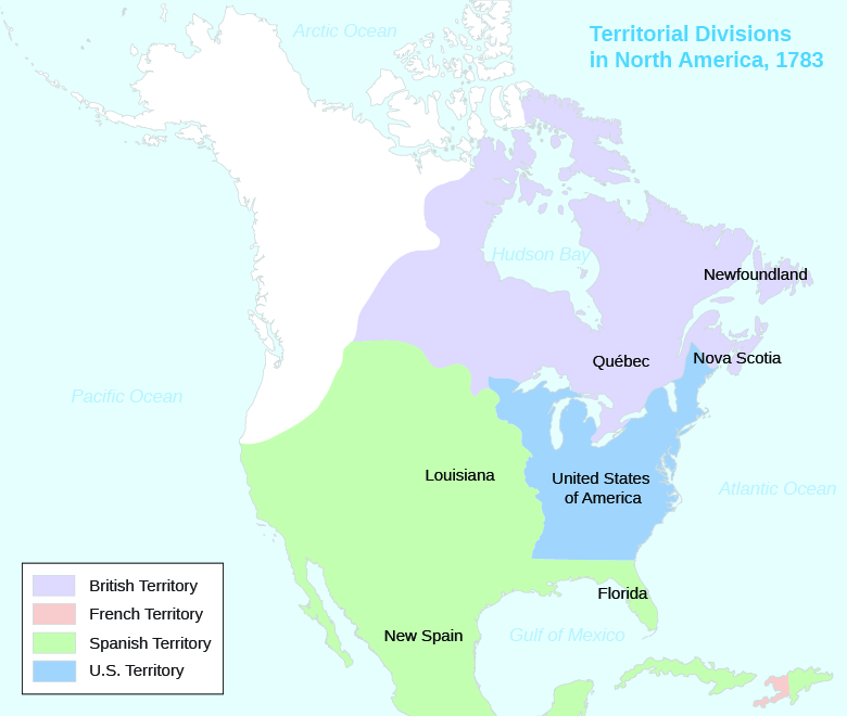 A map shows the territorial divisions in North America in 1783. British, French, Spanish, and U.S. Territory are shaded. Louisiana, Florida, and New Spain are labeled within Spanish Territory, which includes most of the present-day U.S. west of the Mississippi as well as Mexico and Central America. Quebec, Newfoundland, and Nova Scotia are labeled within British Territory, which includes much of present-day Canada. The United States of America is labeled within U.S. Territory, which is bordered on the west by the Mississippi River. French Territory is limited to present-day Haiti.